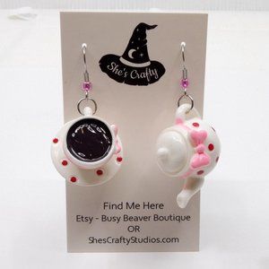 White Polka Dot Kawaii Tea  Pot & Tea Cup Dangle Earrings
